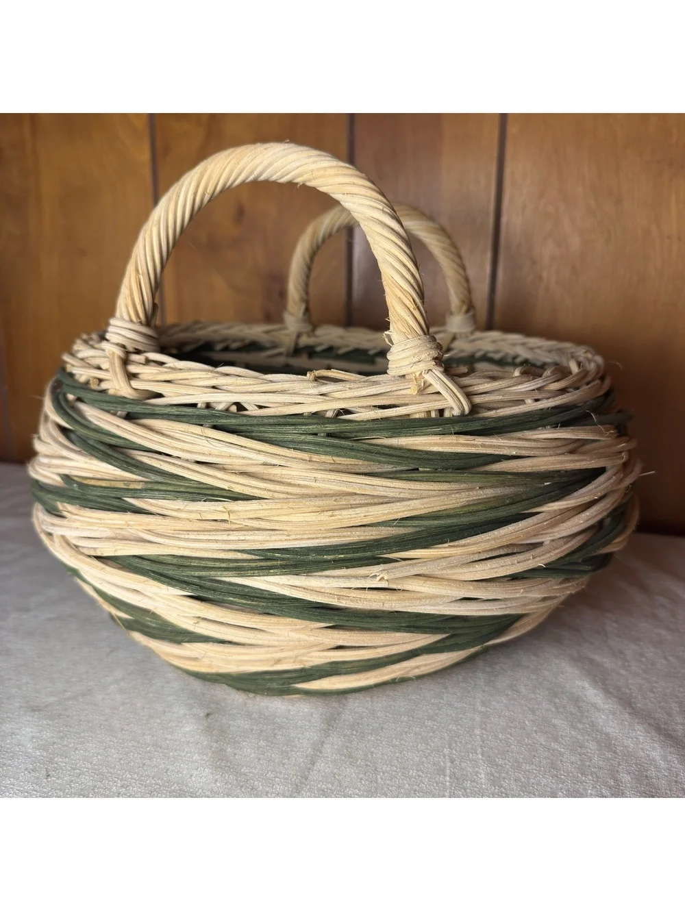 Handwoven Wicker Basket Green Cream Round Double Handle Farmhouse Cottage Decor